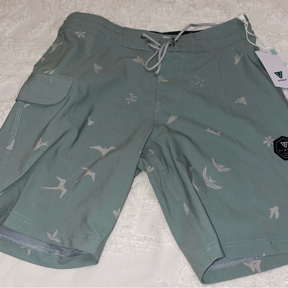 Vissla Teal Swim Shorts with Bird Print